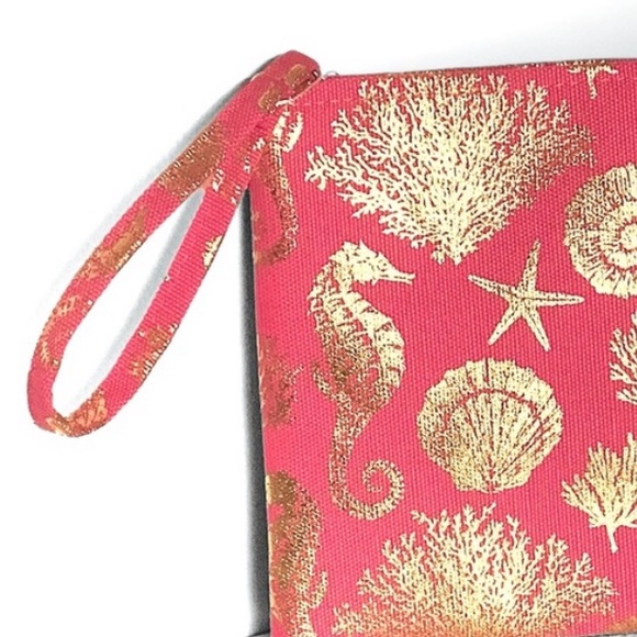 SEA LIFE CORAL & METALLIC GOLD FOIL PRINT CLUTCH WRISTLET - Picture 2 of 3